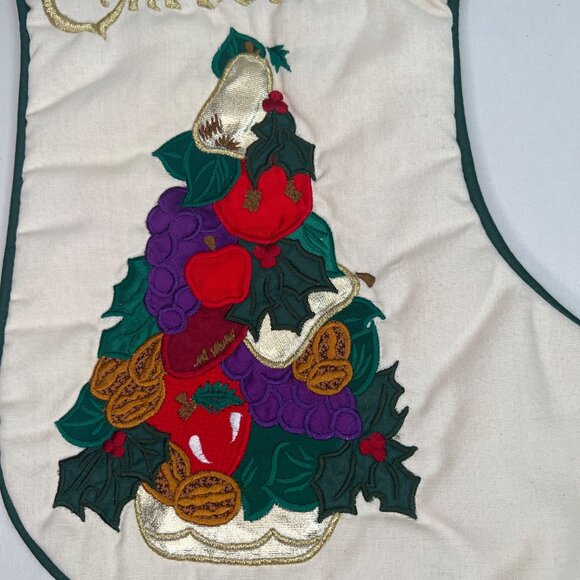 VTG Christmas Stocking Embroidered Merry Christmas Fruit Tree Design Green Trim - Picture 3 of 9